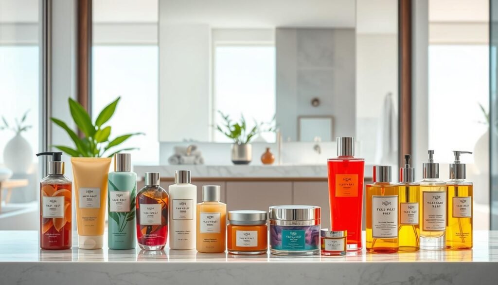 A sleek, modern bathroom setting showcasing an array of luxurious bath and body care products. In the foreground, a selection of vibrant, artfully-designed bottles and jars containing various types of shower creams, body lotions, and bath oils. The middle ground features a minimalist, marble-topped vanity with clean lines and metallic accents, alongside plush towels and a potted plant for a touch of natural greenery. The background depicts a bright, airy space with large windows allowing natural light to flood the room, creating a soothing, spa-like atmosphere. The overall composition emphasizes the diverse range, high-quality, and visually appealing nature of premium bath and body care products.