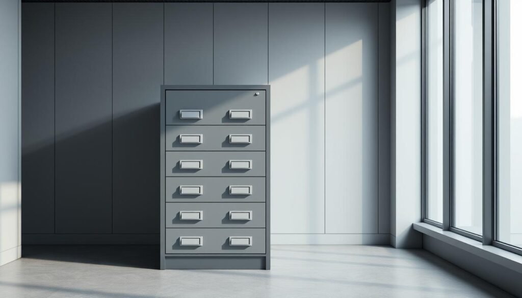 A sleek, modern file cabinet set against a minimalist office backdrop. The cabinet's drawers are labeled with bold, digital-style icons, conveying the idea of "file tickets". Soft, indirect lighting creates a professional, efficient atmosphere. The scene is captured from a slightly elevated angle, giving a sense of organization and control. The colors are muted and monochromatic, with touches of steel and neutral tones, emphasizing the practical, business-focused nature of the subject matter.