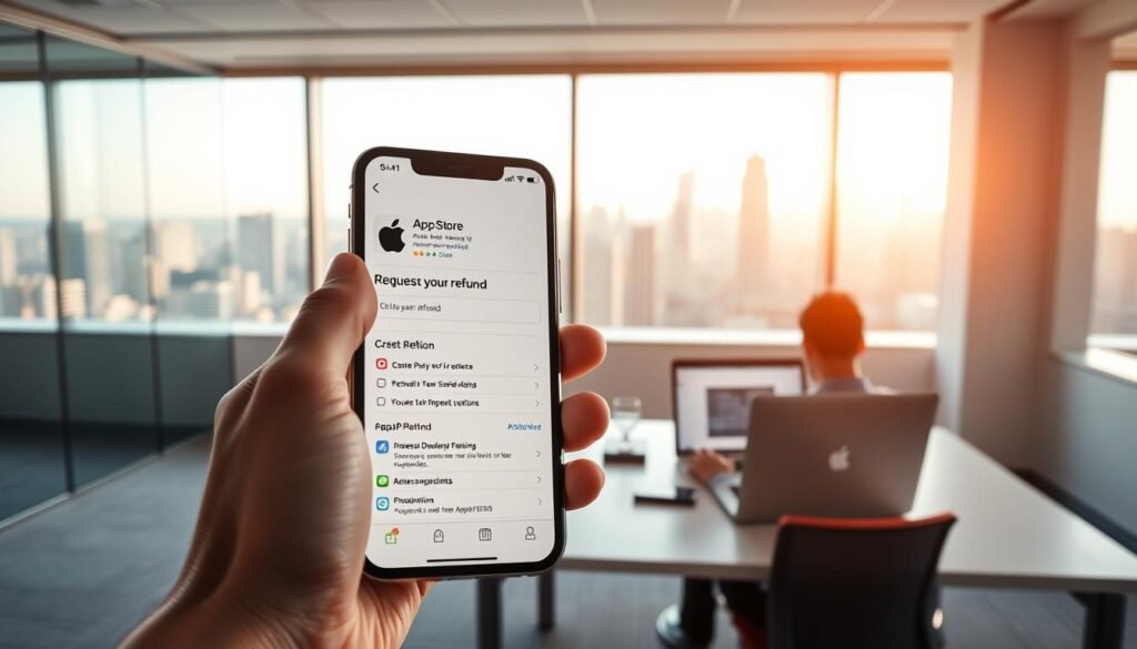 A sleek, modern office environment with clean lines and a minimalist aesthetic. In the foreground, a hand holds an iPhone, its screen displaying the Apple App Store interface. In the middle ground, a person sitting at a desk is carefully navigating through the process of requesting a refund, with various dropdown menus and input fields visible on their laptop screen. The background showcases a large window overlooking a bustling city skyline, bathed in warm, natural lighting. The scene conveys a sense of efficiency, professionalism, and a streamlined approach to the refund process. A sleek, modern office environment with clean lines and a minimalist aesthetic. In the foreground, a hand holds an iPhone, its screen displaying the Apple App Store interface. In the middle ground, a person sitting at a desk is carefully navigating through the process of requesting a refund, with various dropdown menus and input fields visible on their laptop screen. The background showcases a large window overlooking a bustling city skyline, bathed in warm, natural lighting. The scene conveys a sense of efficiency, professionalism, and a streamlined approach to the refund process.