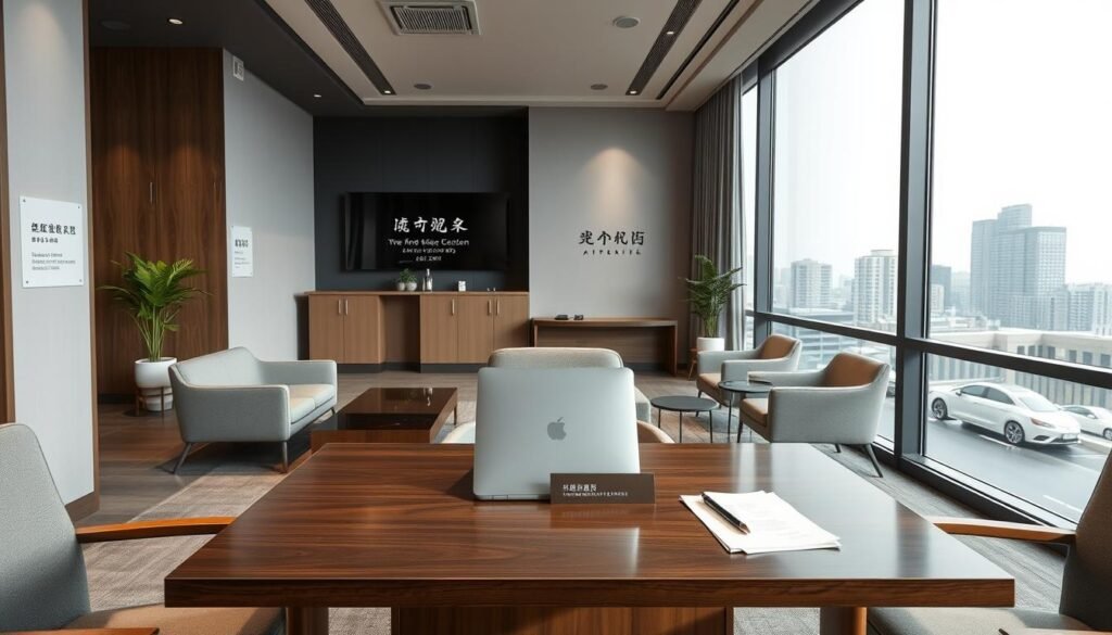 A sleek, modern office interior with large windows overlooking a cityscape. Tasteful, minimalist furniture and decor in shades of gray, white, and wood tones. A centrally placed desk with a laptop, pen, and a neatly arranged stack of papers. On the desk, a small, elegant nameplate displaying the company name "ข้อมูลบริษัทและการติดต่อ". The walls feature discreet signage and contact information. Soft, indirect lighting creates a professional, sophisticated atmosphere. The scene conveys a sense of efficiency, attention to detail, and a high-end, premium brand identity.