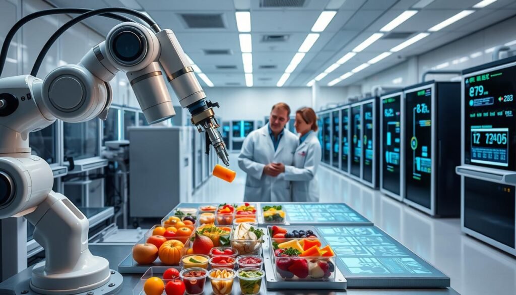 A state-of-the-art food inspection system in a modern, well-lit laboratory setting. In the foreground, a robotic arm delicately handles various food samples, analyzing them with advanced sensors. In the middle ground, scientists in white coats observe digital readouts and analytical data on sleek, holographic displays. The background features rows of sophisticated analytical equipment, conveying a sense of scientific rigor and technological sophistication. The overall atmosphere is one of precision, efficiency, and a commitment to ensuring the safety and quality of the food supply.