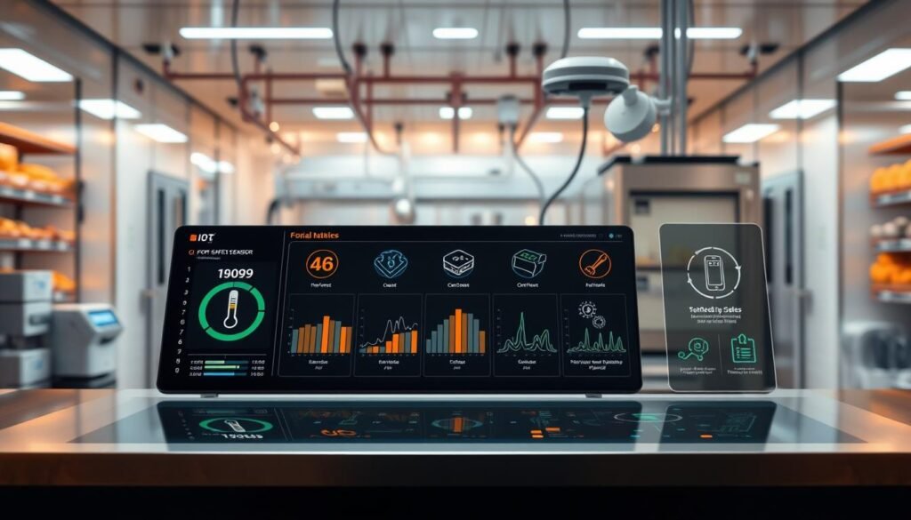 A state-of-the-art food safety control system with advanced sensors and intelligent algorithms. In the foreground, a sleek, touch-enabled dashboard displays real-time data on food quality parameters like temperature, pH, and microbial levels. The middle ground features stylized icons representing various stages of the food supply chain, each monitored and optimized by the integrated technology. In the background, a network of interconnected devices and IoT sensors creates a comprehensive, data-driven ecosystem for ensuring food safety and sanitation compliance. Warm, neutral lighting and a minimalist, high-tech aesthetic convey the efficient, scientific approach to modernizing food hygiene practices.