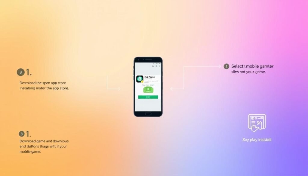 A step-by-step instructional illustration showcasing the process of downloading and installing a popular mobile game. Centered in the frame, a stylized smartphone display depicts the sequential stages, from accessing the app store, selecting the game, initiating the download, and completing the installation. The background features a minimalist, gradient-based interface, with subtle icons and UI elements suggestive of a mobile device interface. Warm, muted tones create a welcoming, user-friendly atmosphere, inviting the viewer to engage with the intuitive installation workflow. Crisp, clean lines and a balanced composition guide the eye through the key steps, offering a clear, instructional visual guide. A step-by-step instructional illustration showcasing the process of downloading and installing a popular mobile game. Centered in the frame, a stylized smartphone display depicts the sequential stages, from accessing the app store, selecting the game, initiating the download, and completing the installation. The background features a minimalist, gradient-based interface, with subtle icons and UI elements suggestive of a mobile device interface. Warm, muted tones create a welcoming, user-friendly atmosphere, inviting the viewer to engage with the intuitive installation workflow. Crisp, clean lines and a balanced composition guide the eye through the key steps, offering a clear, instructional visual guide.