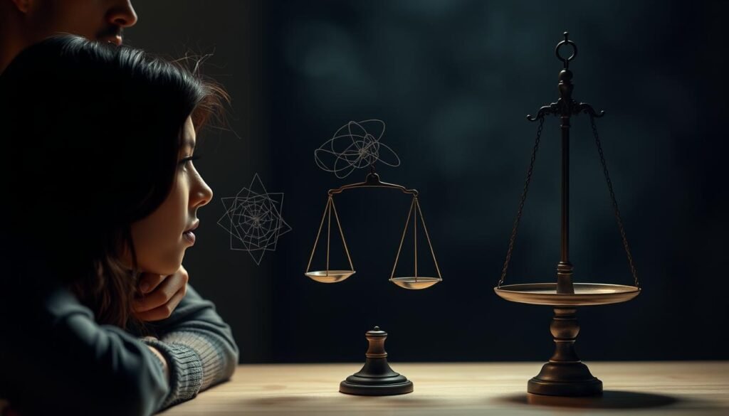 A thoughtful, introspective scene depicting the complex interplay of emotions and reasons behind a special relationship. In the foreground, two individuals, their expressions pensive, engage in a deep, contemplative discussion. Soft, diffused lighting casts a warm, intimate glow, hinting at the intimacy and trust they share. In the middle ground, subtle visual metaphors - a tangled web of threads, a scale balancing conflicting desires - symbolize the nuanced, multifaceted nature of their bond. The background is hazy, blurred, suggesting the uncertainty and complexity that often surrounds such relationships. The overall mood is one of quiet reflection, inviting the viewer to ponder the motivations and rationale that drive the subjects' choices.