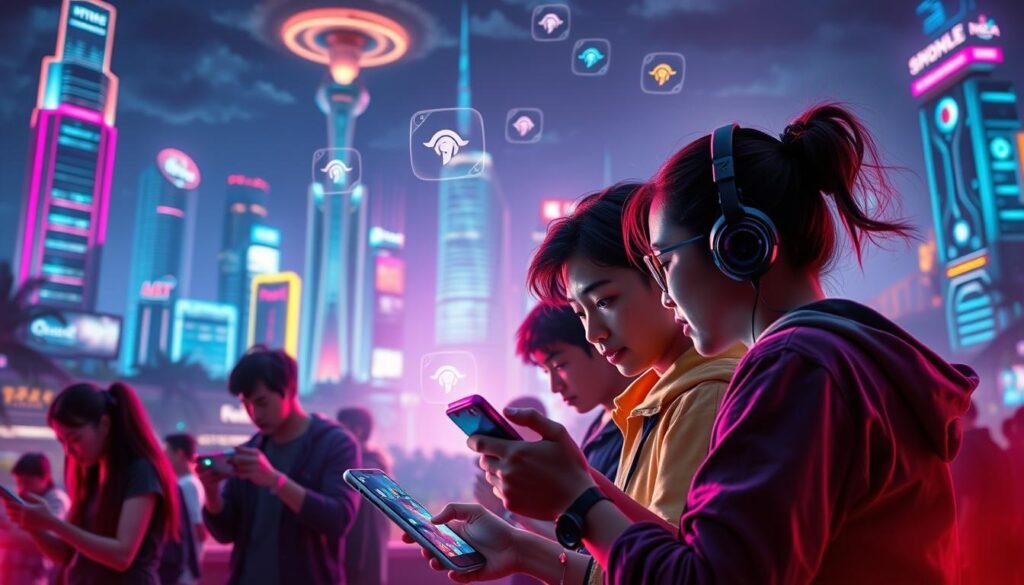 A vibrant and immersive gaming experience with a seamless integration of gameplay and real-time notifications. A lush, futuristic cityscape serves as the backdrop, with skyscrapers and holographic displays bathed in neon hues. In the foreground, a group of players engages in an intense, action-packed game session, their faces illuminated by the glow of their mobile devices. Subtle UI elements and game-related icons hover in the air, complementing the dynamic scene. The overall atmosphere conveys a sense of technological sophistication and the thrill of modern gaming. A vibrant and immersive gaming experience with a seamless integration of gameplay and real-time notifications. A lush, futuristic cityscape serves as the backdrop, with skyscrapers and holographic displays bathed in neon hues. In the foreground, a group of players engages in an intense, action-packed game session, their faces illuminated by the glow of their mobile devices. Subtle UI elements and game-related icons hover in the air, complementing the dynamic scene. The overall atmosphere conveys a sense of technological sophistication and the thrill of modern gaming.