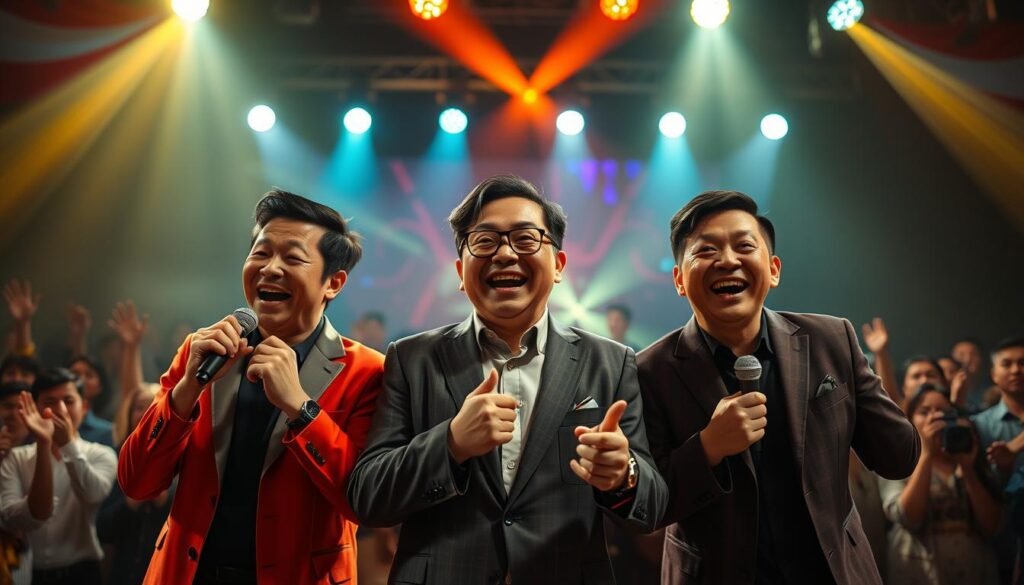 A vibrant, comedic scene of three renowned Thai comedians showcasing their signature wit and stylish performances. The foreground features the trio in lively poses, expressions conveying their trademark charisma and comedic flair. The middle ground captures the energy of their live show, with dynamic lighting and a visually striking stage setting. The background immerses the viewer in an electrifying atmosphere, hinting at the uproarious laughter and applause from the enthusiastic audience. Cinematic, high-contrast lighting illuminates the scene, creating a visually arresting and visually impactful depiction of "content ตลกคุณภาพ" that embodies the essence of the featured performers. A vibrant, comedic scene of three renowned Thai comedians showcasing their signature wit and stylish performances. The foreground features the trio in lively poses, expressions conveying their trademark charisma and comedic flair. The middle ground captures the energy of their live show, with dynamic lighting and a visually striking stage setting. The background immerses the viewer in an electrifying atmosphere, hinting at the uproarious laughter and applause from the enthusiastic audience. Cinematic, high-contrast lighting illuminates the scene, creating a visually arresting and visually impactful depiction of "content ตลกคุณภาพ" that embodies the essence of the featured performers.
