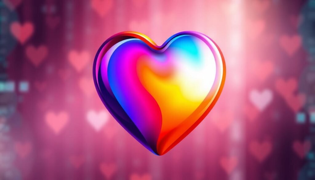 A vibrant, digital heart illustration showcasing a gradient of colors, ranging from warm reds and oranges to cool blues and purples. The heart shape is rendered with smooth, flowing lines and a sense of depth, creating a modern, abstract aesthetic. The composition places the heart centrally, against a softly blurred background that suggests a digital or technological environment. Subtle lighting and textures enhance the digital feel, while the color palette conveys a range of emotions and meanings associated with the symbolic heart. The overall impression is one of digital expression, communication, and the nuanced signifiers of online interaction. A vibrant, digital heart illustration showcasing a gradient of colors, ranging from warm reds and oranges to cool blues and purples. The heart shape is rendered with smooth, flowing lines and a sense of depth, creating a modern, abstract aesthetic. The composition places the heart centrally, against a softly blurred background that suggests a digital or technological environment. Subtle lighting and textures enhance the digital feel, while the color palette conveys a range of emotions and meanings associated with the symbolic heart. The overall impression is one of digital expression, communication, and the nuanced signifiers of online interaction.