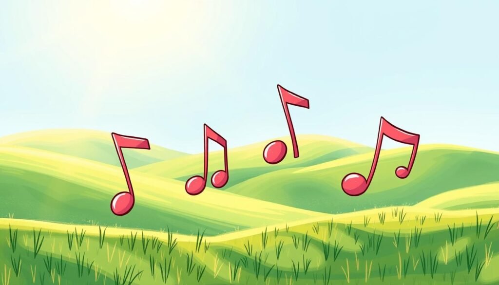 A vibrant, hand-drawn illustration of the iconic "do-re-mi" musical notes from the Sound of Music. The notes are playfully dancing across the frame, with a whimsical, cartoon-like style. The background features a lush, green landscape with rolling hills and a bright, blue sky, creating a serene and harmonious atmosphere. The lighting is soft and diffused, casting a warm, golden glow over the scene. The composition is balanced and dynamic, drawing the viewer's eye to the central focus of the musical notes. The overall mood is joyful, nostalgic, and evocative of the beloved musical classic. A vibrant, hand-drawn illustration of the iconic "do-re-mi" musical notes from the Sound of Music. The notes are playfully dancing across the frame, with a whimsical, cartoon-like style. The background features a lush, green landscape with rolling hills and a bright, blue sky, creating a serene and harmonious atmosphere. The lighting is soft and diffused, casting a warm, golden glow over the scene. The composition is balanced and dynamic, drawing the viewer's eye to the central focus of the musical notes. The overall mood is joyful, nostalgic, and evocative of the beloved musical classic.