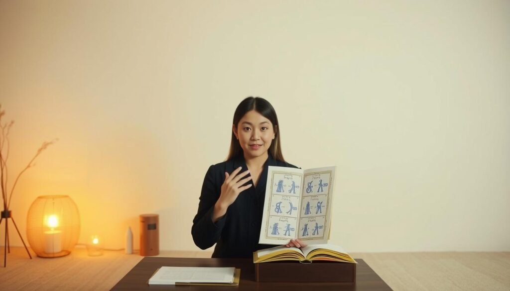 A visually engaging video tutorial on the practical usage of the "Mae Jamnean" numerological system. Showcased in a minimalist, elegant setting with warm lighting and a clean, uncluttered backdrop. The presenter, positioned in the middle ground, demonstrates the step-by-step process of consulting the system, their hands gracefully interacting with analog charts and ledgers. The overall atmosphere evokes a sense of thoughtful, insightful guidance, inviting the viewer to engage with this traditional practice in a modern, accessible manner.
