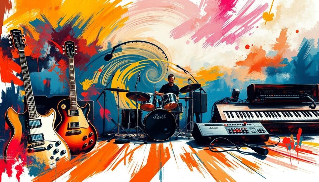 A visually striking music-inspired scene featuring bold, dynamic brushstrokes in a vibrant color palette. In the foreground, an array of musical instruments - guitars, drums, and keyboards - are depicted with tactile, expressive detail. The middle ground showcases a swirling, energetic motion, capturing the essence of a live performance or recording session. In the background, an abstract, ethereal landscape emerges, hinting at the transcendent power of music. Dramatic lighting casts dramatic shadows, adding depth and drama to the composition. The overall mood is one of creative passion, energy, and inspiration, evoking the artistic journey of the featured subject. A visually striking music-inspired scene featuring bold, dynamic brushstrokes in a vibrant color palette. In the foreground, an array of musical instruments - guitars, drums, and keyboards - are depicted with tactile, expressive detail. The middle ground showcases a swirling, energetic motion, capturing the essence of a live performance or recording session. In the background, an abstract, ethereal landscape emerges, hinting at the transcendent power of music. Dramatic lighting casts dramatic shadows, adding depth and drama to the composition. The overall mood is one of creative passion, energy, and inspiration, evoking the artistic journey of the featured subject.