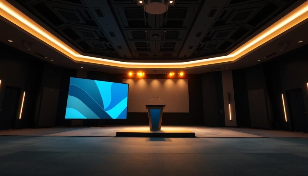 A visually striking presentation technique displayed on a sleek, modern stage. The foreground features a stylized presentation screen with a bold, minimalist design in shades of blue and gray, conveying a sense of technological sophistication. The middle ground showcases a podium or lectern, illuminated by warm, focused lighting that creates a captivating focal point. In the background, a dimly lit auditorium setting with subtle geometric patterns on the walls and ceiling, suggesting an elegant, professional environment. The overall atmosphere is one of refined, high-tech presentation, with a touch of artistic flair to engage the audience. A visually striking presentation technique displayed on a sleek, modern stage. The foreground features a stylized presentation screen with a bold, minimalist design in shades of blue and gray, conveying a sense of technological sophistication. The middle ground showcases a podium or lectern, illuminated by warm, focused lighting that creates a captivating focal point. In the background, a dimly lit auditorium setting with subtle geometric patterns on the walls and ceiling, suggesting an elegant, professional environment. The overall atmosphere is one of refined, high-tech presentation, with a touch of artistic flair to engage the audience.