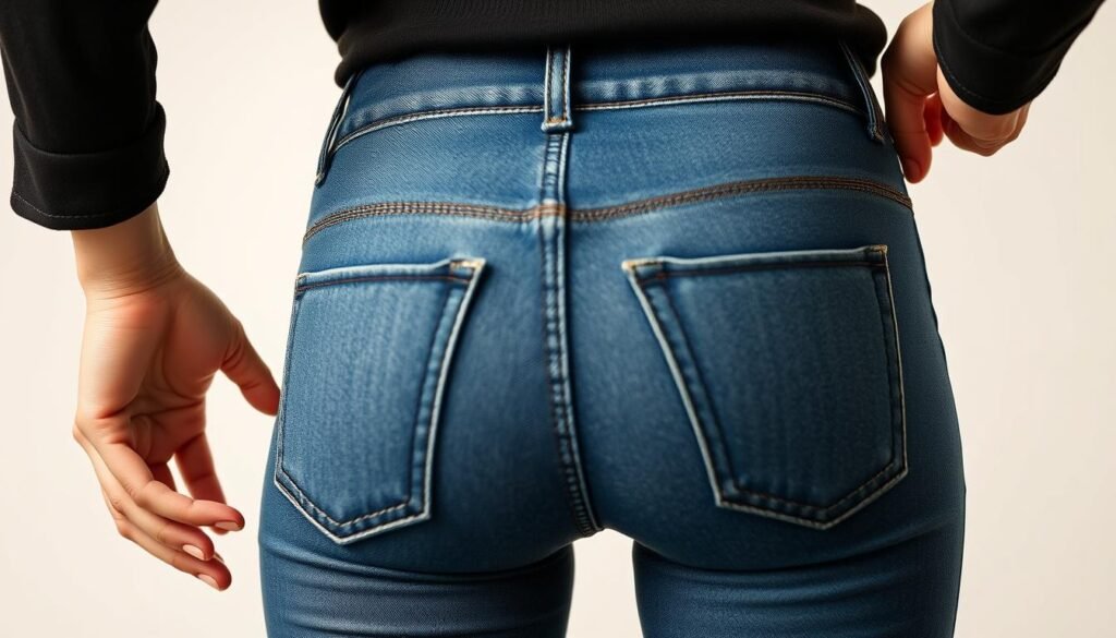 A well-lit, high-resolution close-up photograph of a person trying on a pair of stylish, figure-enhancing jeans. The jeans should have a subtle, seamless design that lifts and shapes the buttocks, creating a flattering, natural-looking silhouette. The subject should be posed in a neutral, relaxed stance, allowing the viewer to appreciate the fit and quality of the garment. The lighting should be soft and even, emphasizing the textures and contours of the fabric. The background should be clean and uncluttered, keeping the focus on the subject and the jeans. Overall, the image should convey a sense of confidence, comfort, and the transformative power of well-designed, functional fashion.