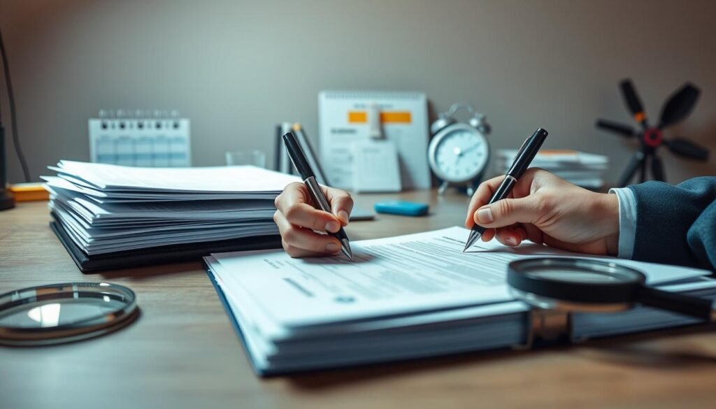 A well-lit workspace with a neatly organized desk, featuring a stack of official documents, a pen, and a magnifying glass. The foreground showcases a hand carefully signing a document, the motion captured in a realistic, precise manner. The middle ground displays various office supplies and a desk calendar, while the background subtly fades into a clean, neutral-toned wall, creating a professional and focused atmosphere. The lighting is soft and directional, accentuating the details and textures of the scene, and the camera angle is slightly elevated, providing a clear, unobstructed view of the process. A well-lit workspace with a neatly organized desk, featuring a stack of official documents, a pen, and a magnifying glass. The foreground showcases a hand carefully signing a document, the motion captured in a realistic, precise manner. The middle ground displays various office supplies and a desk calendar, while the background subtly fades into a clean, neutral-toned wall, creating a professional and focused atmosphere. The lighting is soft and directional, accentuating the details and textures of the scene, and the camera angle is slightly elevated, providing a clear, unobstructed view of the process.