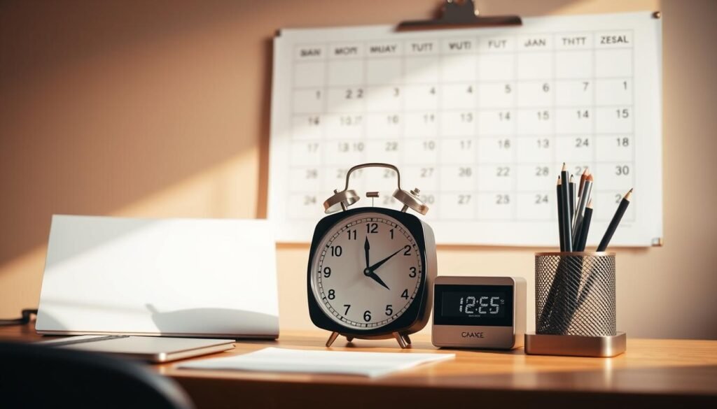 A well-organized desk with efficient time management tools, including a stylish analog clock, a sleek digital timer, and a minimalist desk organizer. The scene is bathed in warm, natural lighting that creates a focused and productive atmosphere. In the background, a large, elegant calendar hangs on the wall, highlighting important dates and deadlines. The overall composition conveys a sense of control, discipline, and a commitment to maximizing productivity through effective time management.