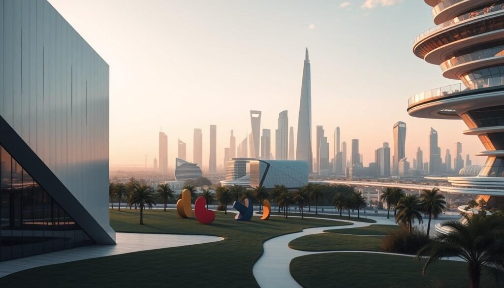 An avant-garde architectural landscape showcasing the latest innovations in design. The foreground features a sleek, minimalist building with sharp geometric lines and a glass facade that reflects the surrounding environment. In the middle ground, a series of abstract sculptural forms in vibrant colors dot the landscape, hinting at the creative possibilities of modern design. The background is filled with a futuristic cityscape, with towering skyscrapers and elevated walkways, all bathed in a warm, golden light that evokes a sense of progress and modernity. The overall scene conveys a striking balance of form, function, and artistic expression - a true embodiment of innovative design in the present era. An avant-garde architectural landscape showcasing the latest innovations in design. The foreground features a sleek, minimalist building with sharp geometric lines and a glass facade that reflects the surrounding environment. In the middle ground, a series of abstract sculptural forms in vibrant colors dot the landscape, hinting at the creative possibilities of modern design. The background is filled with a futuristic cityscape, with towering skyscrapers and elevated walkways, all bathed in a warm, golden light that evokes a sense of progress and modernity. The overall scene conveys a striking balance of form, function, and artistic expression - a true embodiment of innovative design in the present era.