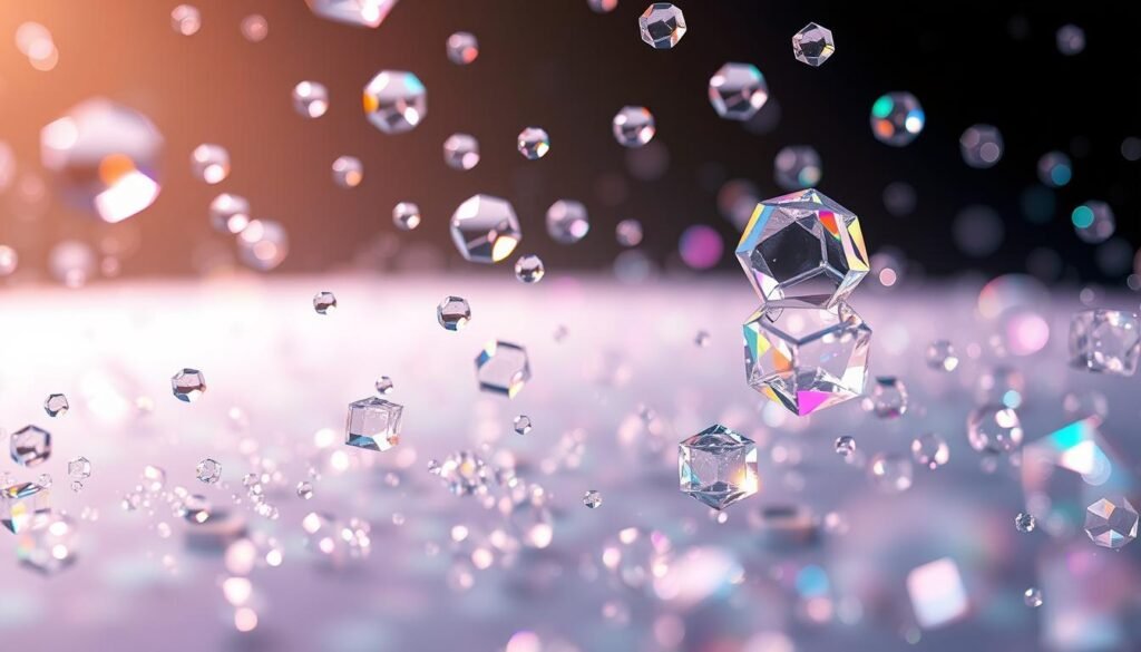 Intricate nanoparticles suspended in a luminous, ethereal fluid, their geometric forms dancing with a mesmerizing grace. Translucent spheres, cubes, and prisms refract the light, creating a mesmerizing display of iridescent hues. The scene is captured with a close-up, macro lens, highlighting the delicate, almost alien-like structures in vivid detail. A soft, diffused lighting illuminates the particles, casting delicate shadows and emphasizing their three-dimensional nature. The background is a serene, out-of-focus expanse, allowing the nanoparticles to take center stage and captivate the viewer's attention.