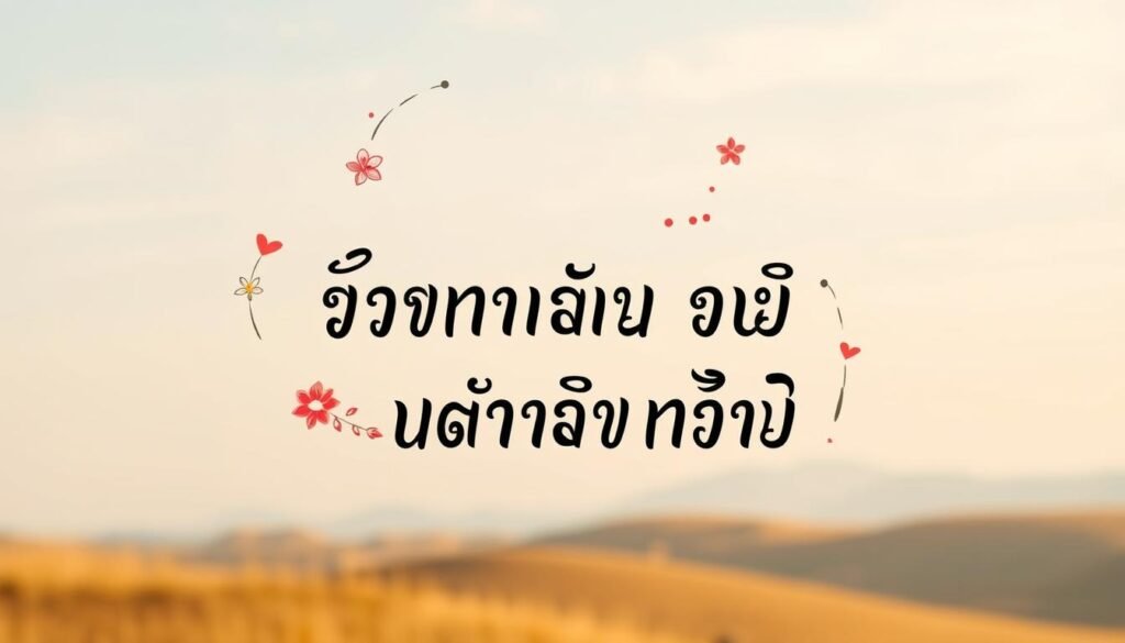 A beautifully hand-lettered calligraphic composition featuring inspirational Thai love phrases in a warm, natural light. The foreground showcases the vibrant, meaningful words "คํา คม ความ รัก ความ หมาย ดีๆ ที่หยิบใช้ได้ทันที" rendered in a flowing, artistic script. The middle ground features carefully placed decorative elements such as delicate floral accents and abstract brush strokes, complementing the central text. The background depicts a soft, muted landscape with hints of a serene sky, creating a sense of tranquility and contemplation. The overall composition exudes a timeless, elegant aesthetic that captures the essence of the section's theme. A beautifully hand-lettered calligraphic composition featuring inspirational Thai love phrases in a warm, natural light. The foreground showcases the vibrant, meaningful words "คํา คม ความ รัก ความ หมาย ดีๆ ที่หยิบใช้ได้ทันที" rendered in a flowing, artistic script. The middle ground features carefully placed decorative elements such as delicate floral accents and abstract brush strokes, complementing the central text. The background depicts a soft, muted landscape with hints of a serene sky, creating a sense of tranquility and contemplation. The overall composition exudes a timeless, elegant aesthetic that captures the essence of the section's theme.