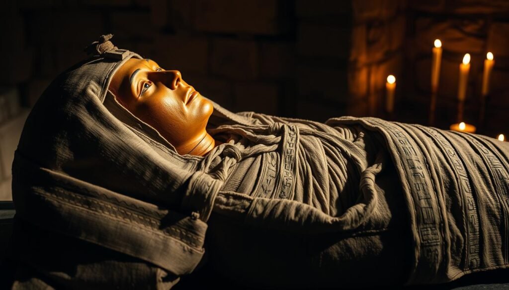 A beautifully preserved mummy, wrapped in intricate linen bandages, rests in a dimly lit chamber. Ornate hieroglyphics adorn the sarcophagus, hinting at the mummy's noble lineage. Soft, warm lighting casts dramatic shadows, creating an aura of reverence and mystery. The mummy's serene expression conveys a sense of eternal slumber, a connection to the ancient Egyptian civilization. In the background, subtle details emerge, such as the weathered stone walls and the faint glow of candles, transporting the viewer to a bygone era. This captivating image evokes the rich cultural heritage and the enduring legacy of the mummification process.