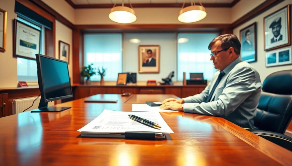 A brightly lit office interior with a large wooden desk and a desktop computer. On the desk, there is a stack of documents and a stylish pen. In the foreground, a person in formal attire sits at the desk, focused on reviewing the documents. The walls are decorated with framed certificates and artwork, conveying a sense of professionalism and authority. The lighting is warm and natural, casting a soft glow over the scene. The camera angle is slightly elevated, providing a clear view of the desk and the person working. The overall atmosphere is one of efficiency, diligence, and attention to detail, reflecting the subject of verifying pension rights. A brightly lit office interior with a large wooden desk and a desktop computer. On the desk, there is a stack of documents and a stylish pen. In the foreground, a person in formal attire sits at the desk, focused on reviewing the documents. The walls are decorated with framed certificates and artwork, conveying a sense of professionalism and authority. The lighting is warm and natural, casting a soft glow over the scene. The camera angle is slightly elevated, providing a clear view of the desk and the person working. The overall atmosphere is one of efficiency, diligence, and attention to detail, reflecting the subject of verifying pension rights.