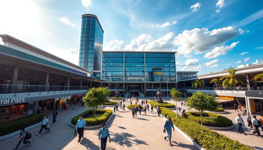 A bustling central plaza in Samphran, Thailand. The grand, modern architecture of Central Plaza Samphran stands tall, its glass facade reflecting the vibrant sky. Pedestrians navigate the well-paved walkways, passing by lush landscaping and bustling shops. Sunlight streams in, casting warm shadows and illuminating the dynamic scene. Capture the energy of this transportation hub, a hub of activity and connectivity, showcasing the convenience and accessibility of this popular destination.