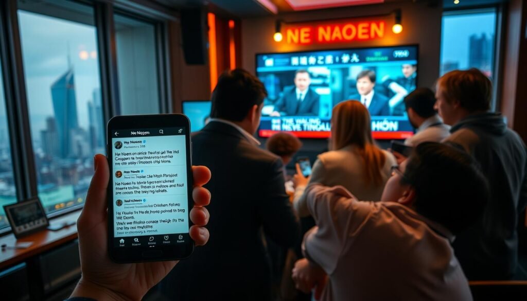 A bustling newsroom scene with journalists gathered around a large monitor, intently analyzing breaking news coverage of the "Ne Ngoen" financial story. Soft, warm lighting illuminates the faces of the reporters, creating an atmosphere of focus and urgency. In the foreground, a smartphone displays social media reactions and commentary from the entertainment industry, reflecting the widespread interest and impact of this news. The background features a city skyline visible through the window, suggesting the wider societal context of the event. The composition draws the viewer's attention to the central focus of the news update, inviting them to become part of the unfolding narrative. A bustling newsroom scene with journalists gathered around a large monitor, intently analyzing breaking news coverage of the "Ne Ngoen" financial story. Soft, warm lighting illuminates the faces of the reporters, creating an atmosphere of focus and urgency. In the foreground, a smartphone displays social media reactions and commentary from the entertainment industry, reflecting the widespread interest and impact of this news. The background features a city skyline visible through the window, suggesting the wider societal context of the event. The composition draws the viewer's attention to the central focus of the news update, inviting them to become part of the unfolding narrative.