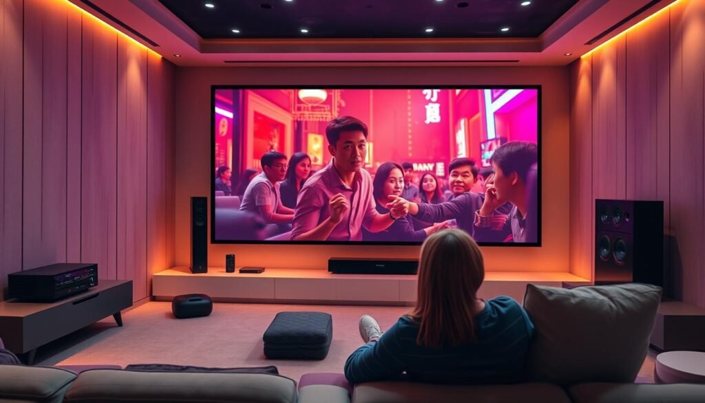 A cinematic 4K 8K viewing experience in a contemporary home theater setting. Sleek, minimalist decor with high-end audio-visual equipment. A large, immersive screen displaying vibrant, ultra-high-definition visuals, showcasing the latest Thai comedy film. The room is bathed in warm, soft lighting, creating a cozy, theater-like ambiance. The viewer is seated comfortably, fully absorbed in the crystal-clear, stutter-free, and richly detailed imagery on the screen. A sense of technological sophistication and cinematic immersion, reflecting the advancements in home entertainment for the year 2025.