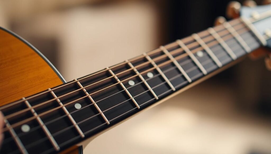 A close-up, detailed shot of a guitar's neck, showcasing the key signatures and primary chords in a warm, soft lighting. The fretboard is in focus, with the fingers positioned to play the C, G, and D major chords, the foundation of the song "Khao Noi Samkhua Tai." The background is blurred, creating a sense of depth and emphasizing the intricate details of the guitar's mechanics. The image conveys a sense of instruction and guidance, inviting the viewer to learn and play along with the classic Thai folk song.
