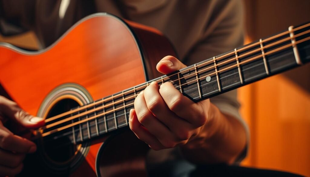 A close-up view of a musician's hands playing an acoustic guitar, focused on the fingerboard and strings. The lighting is warm and natural, casting soft shadows that accentuate the texture of the wood and the movement of the fingers. The frame is tight, filling the composition with the intricate details of the guitar and the performer's deft movements. The mood is one of concentration and immersion, capturing the essence of the creative process of playing music. A close-up view of a musician's hands playing an acoustic guitar, focused on the fingerboard and strings. The lighting is warm and natural, casting soft shadows that accentuate the texture of the wood and the movement of the fingers. The frame is tight, filling the composition with the intricate details of the guitar and the performer's deft movements. The mood is one of concentration and immersion, capturing the essence of the creative process of playing music.