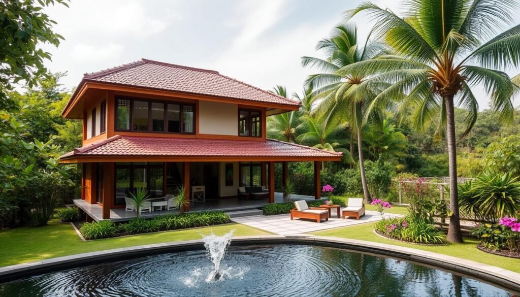 A cozy and inviting two-story house nestled amidst lush greenery, with a well-manicured garden and a tranquil patio area. The home's architecture blends traditional Thai elements with modern touches, featuring warm-toned wooden accents, intricate roof tiles, and large windows that flood the interior with natural light. In the foreground, a serene water feature adds a calming ambiance, while the background showcases a verdant landscape dotted with towering palm trees and vibrant flowering plants. The overall scene exudes a sense of peaceful, sophisticated lifestyle, reflecting the subject's refined taste and harmony with their natural surroundings. A cozy and inviting two-story house nestled amidst lush greenery, with a well-manicured garden and a tranquil patio area. The home's architecture blends traditional Thai elements with modern touches, featuring warm-toned wooden accents, intricate roof tiles, and large windows that flood the interior with natural light. In the foreground, a serene water feature adds a calming ambiance, while the background showcases a verdant landscape dotted with towering palm trees and vibrant flowering plants. The overall scene exudes a sense of peaceful, sophisticated lifestyle, reflecting the subject's refined taste and harmony with their natural surroundings.