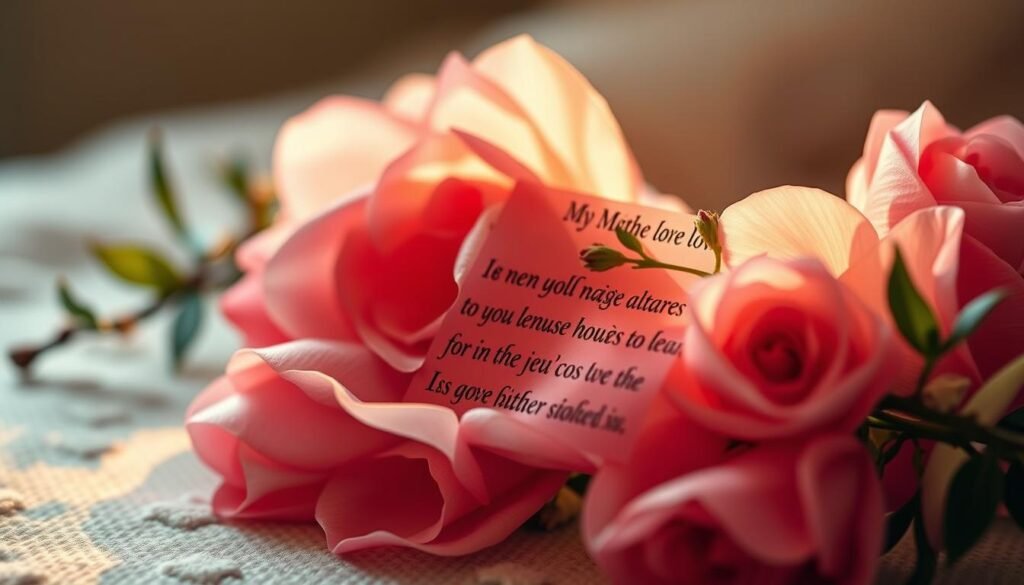 A cozy and warm-hearted poem, crafted with care and emotion. A delicate floral arrangement, petals softly unfurled, cradling the gentle verses. Warm lighting casts a comforting glow, inviting the viewer to pause and savor the heartfelt sentiments. The composition is balanced, with the poem's text elegantly integrated, allowing the imagery to complement the words seamlessly. A sense of intimacy and affection permeates the scene, capturing the essence of a heartfelt tribute to a mother's love.