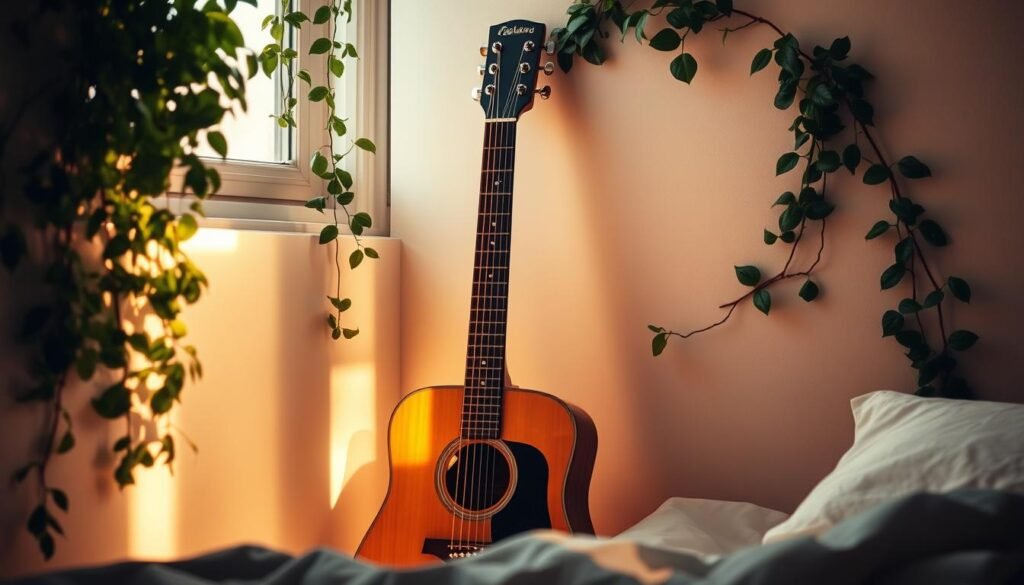 A cozy bedroom setting with an acoustic guitar leaning against the wall, its neck gently tilted, casting a warm glow. The wall is adorned with lush, verdant foliage, creating a serene, natural ambiance. Soft, diffused lighting filters through a window, casting a gentle, golden hue over the scene. The guitar's body is meticulously detailed, inviting the viewer to imagine the chords it could effortlessly produce. The composition is balanced, with the guitar positioned as the focal point, hinting at the rich, emotive musical experience to be explored.