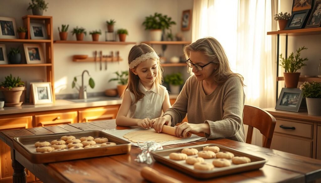 A cozy kitchen scene, warm afternoon light filtering through sheer curtains. A mother and daughter sit side by side, rolling out dough together on a well-worn wooden table. The daughter watches intently as the mother gently guides her hands, teaching her the rhythm of the rolling pin. Nearby, a tray of freshly baked cookies waits to be decorated, the air filled with the comforting scent of vanilla. Potted plants and family photographs adorn the shelves, creating a sense of enduring tradition and unconditional love. The mood is serene, unhurried, a snapshot of a timeless, cherished moment between generations.