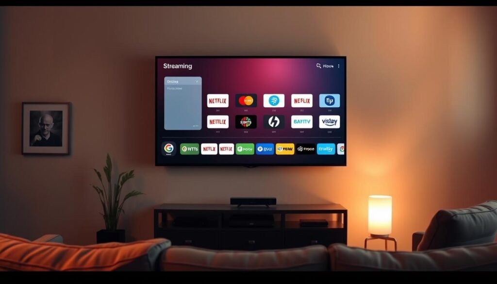 A cozy living room with a large flatscreen TV mounted on the wall, displaying various streaming platform icons and a simple interface for browsing online content. The room is bathed in warm, ambient lighting, creating a relaxed and inviting atmosphere. In the foreground, a comfortable sofa and armchair encourage viewers to sit back and enjoy the immersive digital experience. The scene conveys a sense of convenience and accessibility, highlighting the many options available for modern home entertainment and content consumption.