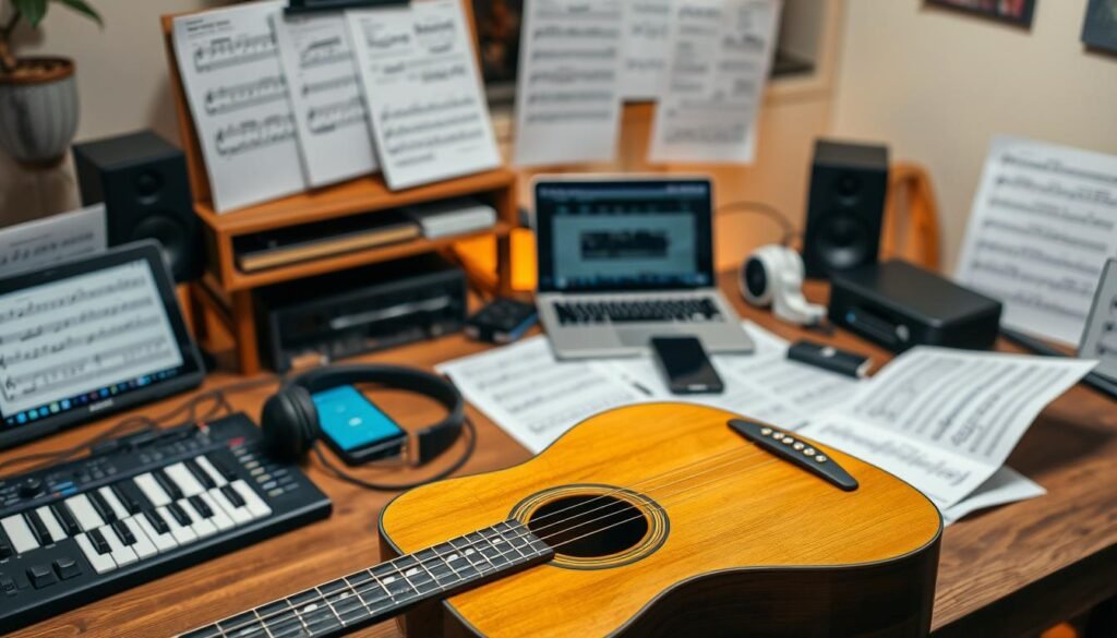 A cozy studio workspace with a collection of musical instruments, sheet music, and various digital devices. In the foreground, an acoustic guitar rests on a wooden table, surrounded by a MIDI keyboard, a tablet, and a pair of wireless headphones. The middle ground features a laptop and a smartphone, showcasing intuitive music-learning apps and online resources. The background is filled with a warm, ambient lighting, creating a serene and focused atmosphere for musical exploration and practice.