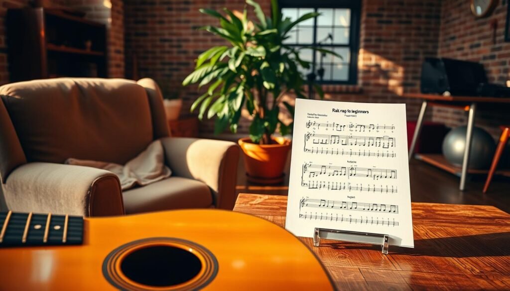 A cozy, warm-toned music studio with wooden floors and exposed brick walls. In the foreground, an acoustic guitar rests on a plush armchair, its strings illuminated by soft, natural lighting. In the middle ground, a music sheet titled "Rak Raek Pob Chord for Beginners" is placed on a wooden table, the chords and melodies inviting the viewer to pick up the guitar and play. The background features a lush, verdant houseplant, adding a touch of nature and serenity to the scene. The overall atmosphere is one of relaxation, inspiration, and the joy of discovering the fundamentals of music.