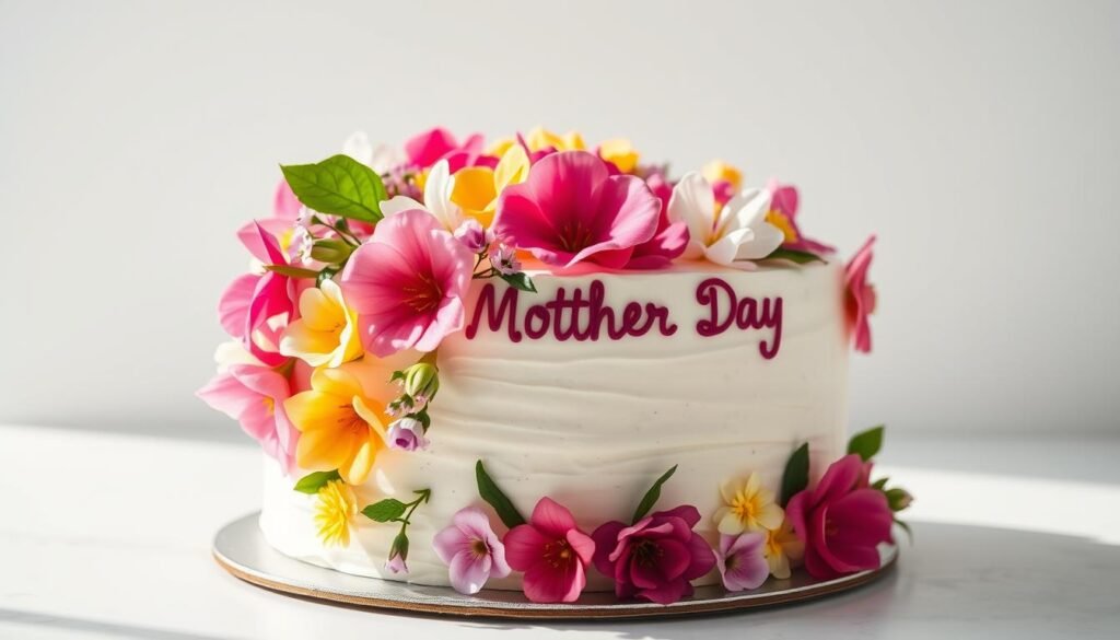 A delectable and beautifully decorated Mother's Day cake, featuring a moist sponge cake base with a luscious cream cheese frosting. The cake is adorned with fresh, vibrant flowers cascading down the sides, creating a visually stunning and celebratory centerpiece. Soft, natural lighting illuminates the cake, highlighting its intricate details and giving it a warm, inviting ambiance. The cake is set against a clean, minimalist background, allowing the dessert to be the focal point. The overall composition conveys a sense of elegance, joy, and appreciation for the special occasion.