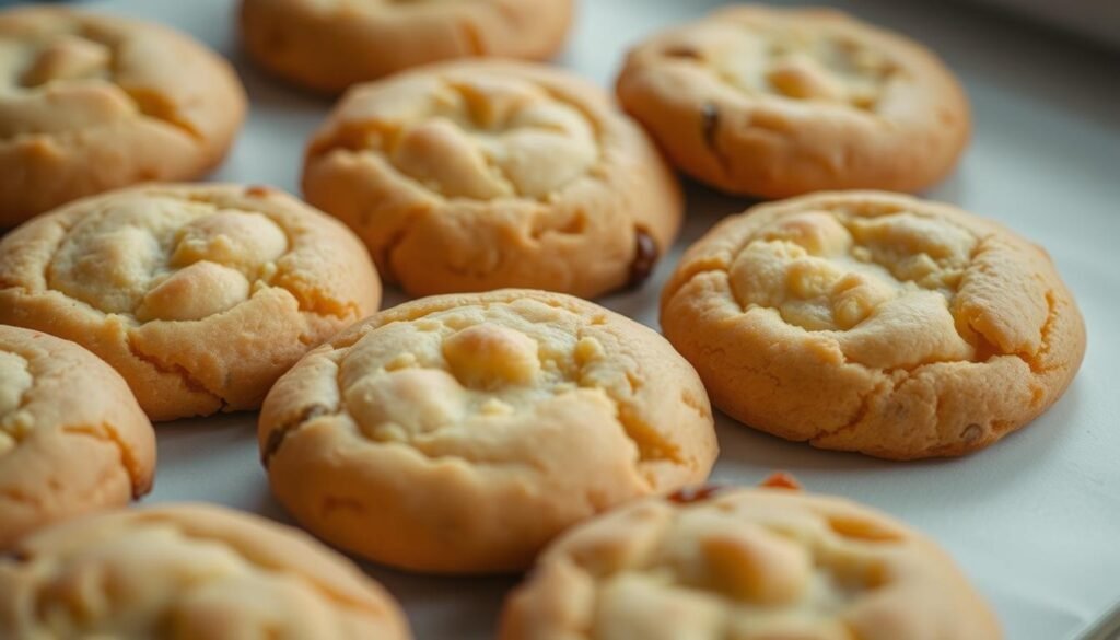 A delectable arrangement of freshly baked cookies, meticulously crafted with care. The golden-brown surfaces glisten under the warm, soft lighting, inviting the viewer to take a bite. Subtle shadows and highlights accentuate the tender, crumbly texture, while the aroma of vanilla and butter wafts through the air, eliciting a sense of nostalgia and comfort. The cookies are neatly presented on a clean, white surface, allowing their natural beauty to shine. The overall scene exudes a sense of warmth, authenticity, and the homemade quality that makes these treats so irresistible.