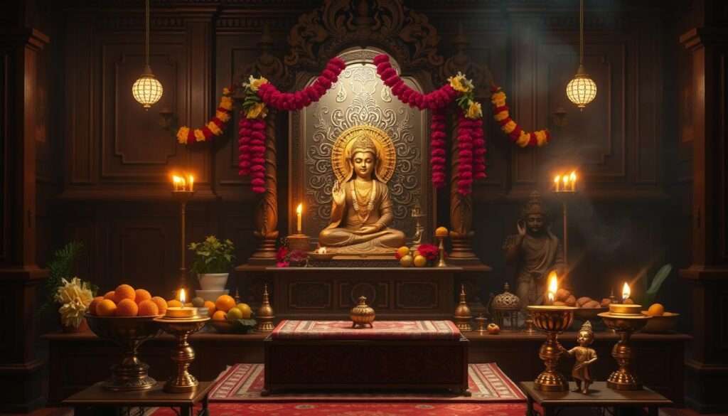 A detailed and ornate Buddhist altar, featuring an intricate carved wooden shrine housing a golden statue of the Goddess Lakshmi. The shrine is adorned with garlands of fragrant flowers, lit incense sticks, and offerings of fruits and sweets. The middle ground showcases a raised platform with a richly patterned cloth, flanked by delicate brass lamps and small carved figurines. In the background, a serene, dimly lit room with warm, atmospheric lighting creates a contemplative and reverent ambiance, evoking a sense of sacred ritual and spiritual devotion. A detailed and ornate Buddhist altar, featuring an intricate carved wooden shrine housing a golden statue of the Goddess Lakshmi. The shrine is adorned with garlands of fragrant flowers, lit incense sticks, and offerings of fruits and sweets. The middle ground showcases a raised platform with a richly patterned cloth, flanked by delicate brass lamps and small carved figurines. In the background, a serene, dimly lit room with warm, atmospheric lighting creates a contemplative and reverent ambiance, evoking a sense of sacred ritual and spiritual devotion.