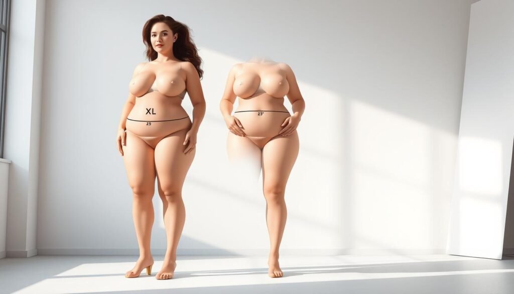 A detailed and realistic full-body illustration of a plus-size female figure in a neutral pose, showcasing an "XL" waist measurement. The subject is standing in a well-lit studio setting with subtle background elements, allowing the proportions and silhouette of the body to be the primary focus. The lighting is natural and diffused, creating soft shadows that accentuate the curves and volume of the figure. The rendering style is photorealistic, with attention to accurate anatomy, skin texture, and realistic clothing folds. The overall mood is calm and informative, suitable for a educational article on fashion sizing.