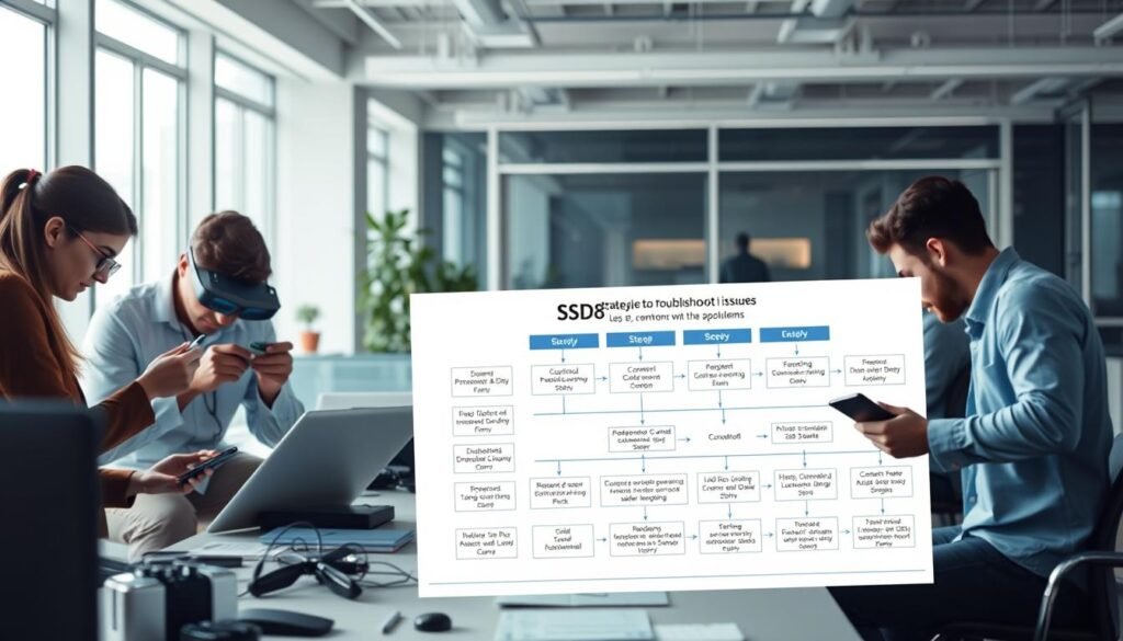 A detailed blueprint of strategies to troubleshoot issues with the SSD8 application. The foreground depicts a group of problem-solvers meticulously examining digital devices, using specialized tools and collaborating to identify and resolve technical obstacles. The middle ground showcases a well-organized flow chart illustrating the step-by-step process for navigating common SSD8 problems. In the background, a serene office environment with modern, minimalist furnishings sets the tone for a calm, analytical approach to problem-solving. Soft, diffused lighting creates a professional, technical ambiance, while the composition emphasizes the systematic, methodical nature of the troubleshooting process. A detailed blueprint of strategies to troubleshoot issues with the SSD8 application. The foreground depicts a group of problem-solvers meticulously examining digital devices, using specialized tools and collaborating to identify and resolve technical obstacles. The middle ground showcases a well-organized flow chart illustrating the step-by-step process for navigating common SSD8 problems. In the background, a serene office environment with modern, minimalist furnishings sets the tone for a calm, analytical approach to problem-solving. Soft, diffused lighting creates a professional, technical ambiance, while the composition emphasizes the systematic, methodical nature of the troubleshooting process.