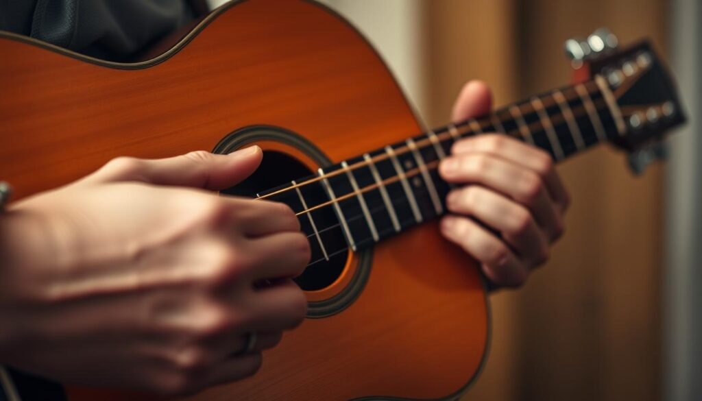 A detailed close-up view of a musician's hands playing high chords on an acoustic guitar, captured in a warm, intimate lighting. The fingers are carefully positioned on the frets, the strings taut and vibrating. The guitar's fretboard and soundhole fill the frame, with the player's palms and arms visible in the foreground. The background is softly blurred, creating a sense of focus and emphasis on the intricate task of chord fingering. The overall mood is one of concentration and dedication, reflecting the step-by-step process of learning and mastering guitar chords.