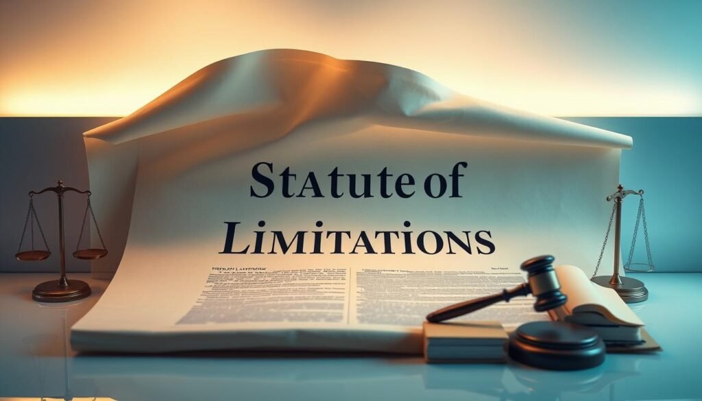 A detailed, expansive legal document unfurling across a modern, minimalist backdrop. Soft, warm lighting illuminates the intricate, textured pages, their crisp edges and subtle shades of parchment evoking a sense of gravitas and professionalism. The document's title, "Statute of Limitations", is prominently displayed, its letters cast in a sophisticated, authoritative typeface. Surrounding the central document, a meticulously crafted arrangement of legal icons - scales of justice, gavels, law books - creates a visually arresting composition that immediately conveys the judicial nature of the subject matter. The overall mood is one of precision, authority, and the careful consideration of the law.