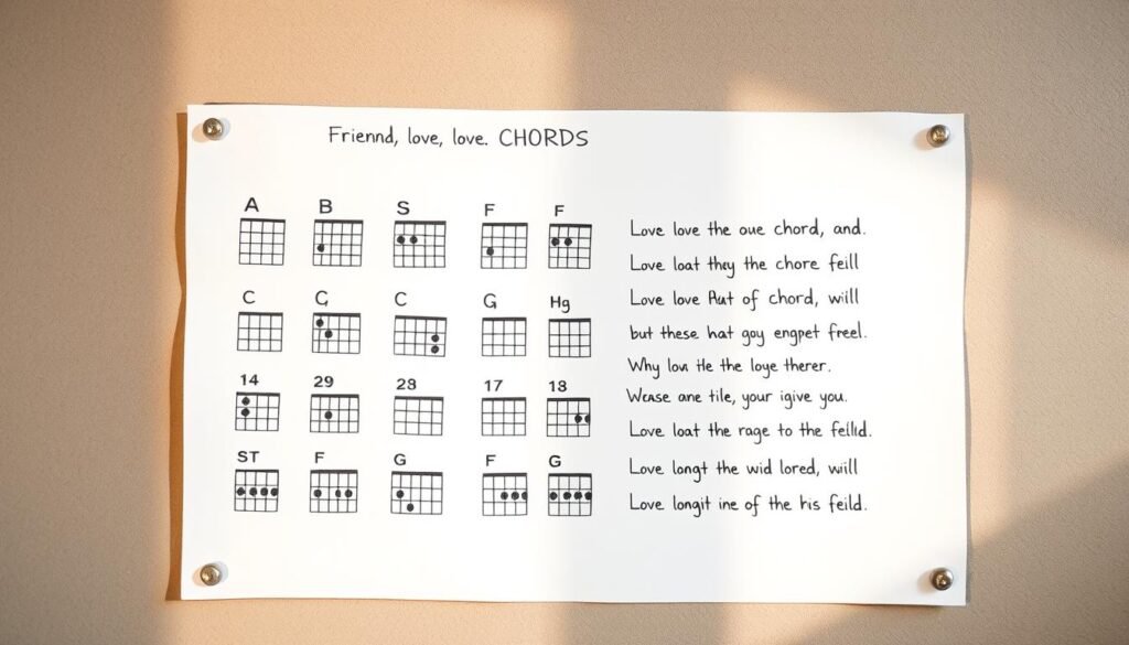 A detailed, hand-drawn guitar chord chart against a muted, textured background, illuminated by soft, natural lighting. The chart displays common guitar chords with clear, legible notation, positioned alongside the key lyrics of a well-known song, conveying the essence of "Friend, Love, Chords". The composition is balanced, with the chord chart as the focal point, surrounded by ample negative space to allow the information to be easily absorbed. The overall atmosphere is warm, inviting, and informative, reflecting the educational nature of the content. A detailed, hand-drawn guitar chord chart against a muted, textured background, illuminated by soft, natural lighting. The chart displays common guitar chords with clear, legible notation, positioned alongside the key lyrics of a well-known song, conveying the essence of "Friend, Love, Chords". The composition is balanced, with the chord chart as the focal point, surrounded by ample negative space to allow the information to be easily absorbed. The overall atmosphere is warm, inviting, and informative, reflecting the educational nature of the content.