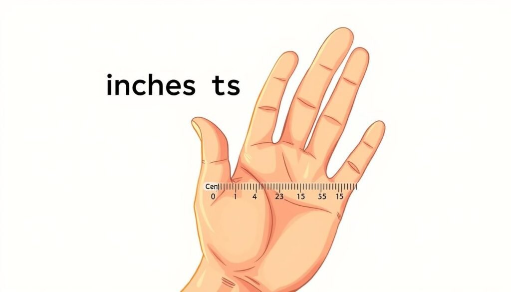 A detailed illustration of a hand demonstrating the conversion from inches to centimeters. The hand is placed in the foreground, with a ruler or measuring tape visible, allowing the viewer to clearly see the relationship between the two units of measurement. The background is a clean, minimal space, allowing the focus to remain on the educational aspect of the image. The lighting is natural and soft, highlighting the textures of the hand and creating a warm, inviting atmosphere. The overall composition is well-balanced, guiding the viewer's eye to the key elements of the conversion process.