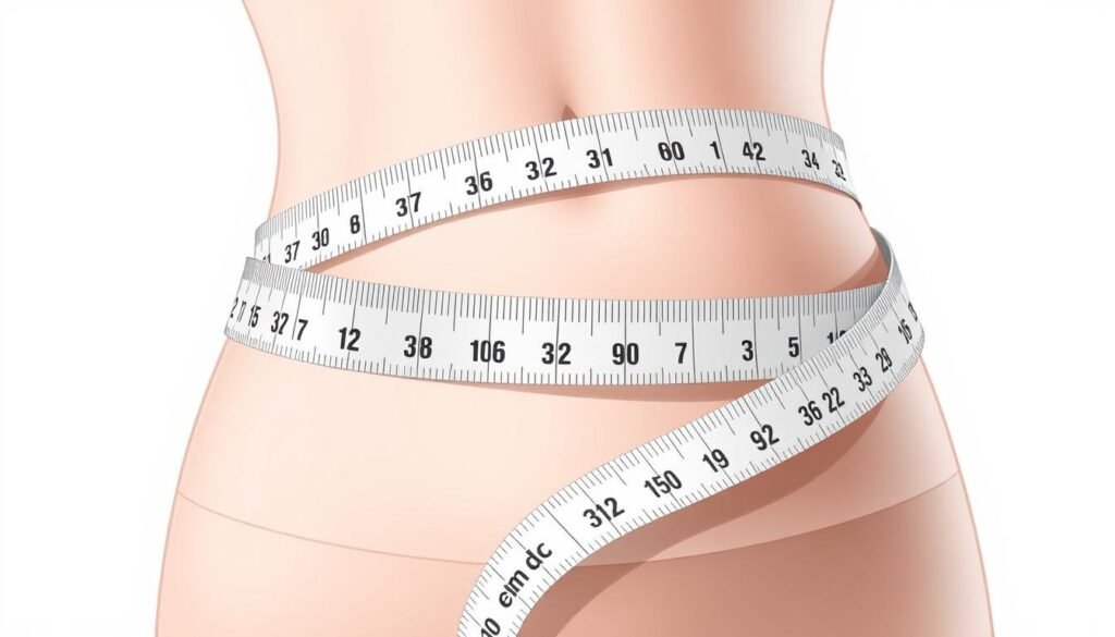 A detailed illustration of a tape measure wrapped around a waist, showcasing the conversion from 32 inches to the corresponding centimeter measurement. The image should depict the tape measure prominently in the foreground, with a clean, minimalist background that allows the measurement details to be the focal point. The lighting should be soft and diffused, creating a clean, clinical aesthetic that emphasizes the informative nature of the image. The angle should be slightly elevated, providing a clear view of the tape measure and the waist measurement. The overall mood should be one of precision and clarity, conveying the instructional purpose of the image.