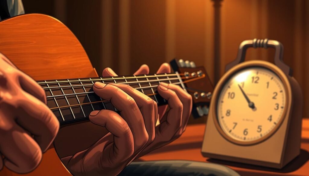 A detailed illustration of "ไกด์การดีดริธึม" (Guide to Strumming Rhythms) showcasing the complex interplay of guitar chords. The foreground features a closeup of a guitarist's hands skillfully navigating the fretboard, with distinct chord shapes and fingering patterns clearly visible. The middle ground depicts the entire guitar, capturing the intricate construction and materials. In the background, a metronome keeping time sets the pace, symbolizing the rhythmic foundation. The lighting is warm and focused, creating a sense of depth and drama. The overall mood is one of technical mastery and musical intimacy, inviting the viewer to delve into the intricacies of chord relationships and strumming techniques. A detailed illustration of "ไกด์การดีดริธึม" (Guide to Strumming Rhythms) showcasing the complex interplay of guitar chords. The foreground features a closeup of a guitarist's hands skillfully navigating the fretboard, with distinct chord shapes and fingering patterns clearly visible. The middle ground depicts the entire guitar, capturing the intricate construction and materials. In the background, a metronome keeping time sets the pace, symbolizing the rhythmic foundation. The lighting is warm and focused, creating a sense of depth and drama. The overall mood is one of technical mastery and musical intimacy, inviting the viewer to delve into the intricacies of chord relationships and strumming techniques.