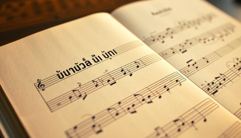 A detailed musical score with a well-structured layout, featuring a close-up view of a sheet music page displaying "ช็อตโน้ต โครงสร้าง เพลง" in Thai script. The score is illuminated by warm, natural lighting, captured with a high-resolution camera lens to showcase the intricate details of the musical notation. The background is blurred, allowing the viewer to focus on the intricacies of the score. The overall composition conveys a sense of precision, musicality, and the process of understanding the structure and elements of a song.