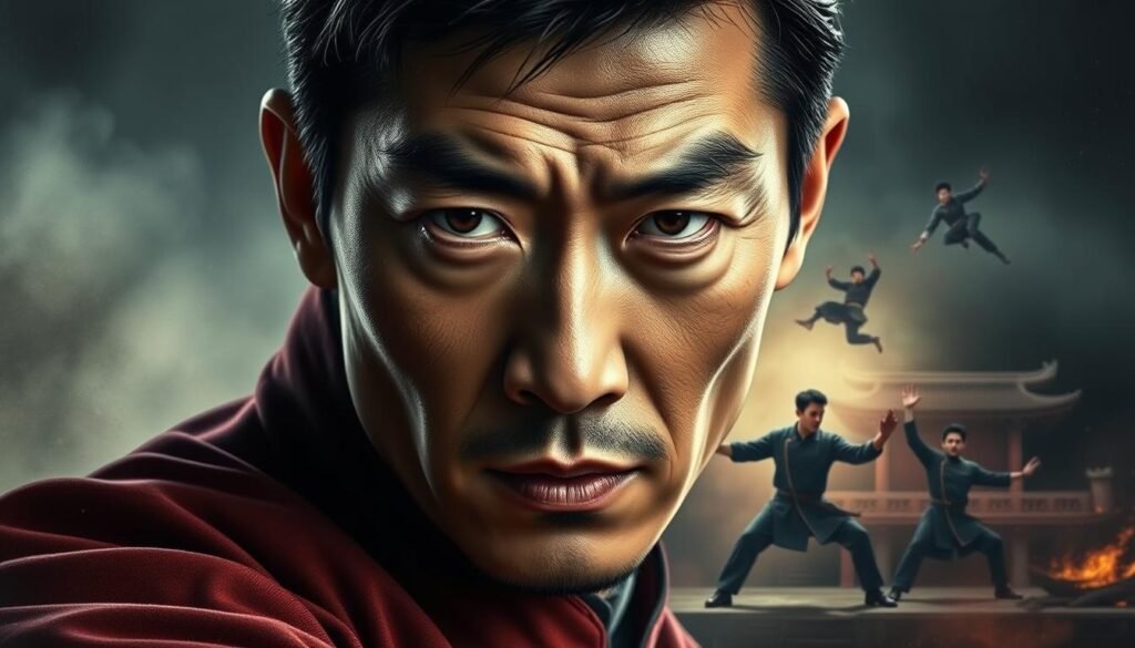A detailed portrait of the legendary Chinese actor Chen Long, showcasing his signature performance style. In the foreground, his expressive face is captured in a dramatic close-up, with piercing eyes and a strong, chiseled jawline. The middle ground features a vivid representation of his iconic performance, with dynamic poses and precise choreography. The background is a moody, atmospheric setting, hinting at the depth and intensity of his acting. Rendered in a cinematic, high-contrast style, this image encapsulates the essence of Chen Long's captivating and influential body of work.