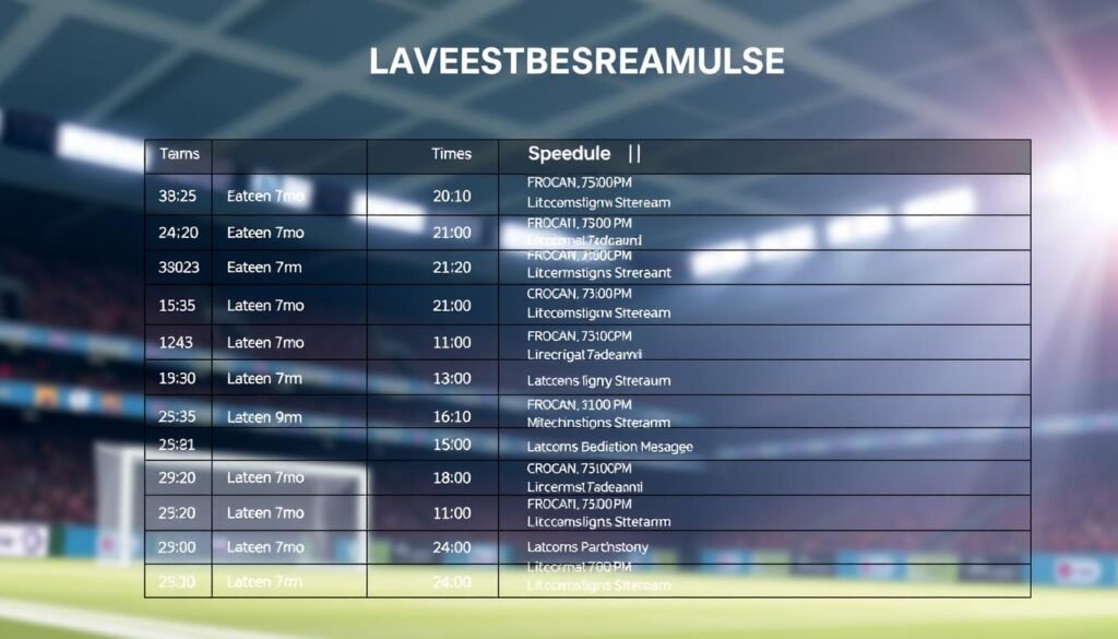 A detailed schedule of a live streaming event for a sports broadcast, presented on a clean, minimalist interface. The foreground features a crisp, structured table with event details such as teams, times, and links to watch the live stream. The background has a subtle, blurred sports arena or stadium setting, conveying the energy and anticipation of the upcoming matches. The lighting is bright and focused, creating a sense of professionalism and clarity. The overall aesthetic is sleek, modern, and optimized for easy readability and navigation. A detailed schedule of a live streaming event for a sports broadcast, presented on a clean, minimalist interface. The foreground features a crisp, structured table with event details such as teams, times, and links to watch the live stream. The background has a subtle, blurred sports arena or stadium setting, conveying the energy and anticipation of the upcoming matches. The lighting is bright and focused, creating a sense of professionalism and clarity. The overall aesthetic is sleek, modern, and optimized for easy readability and navigation.
