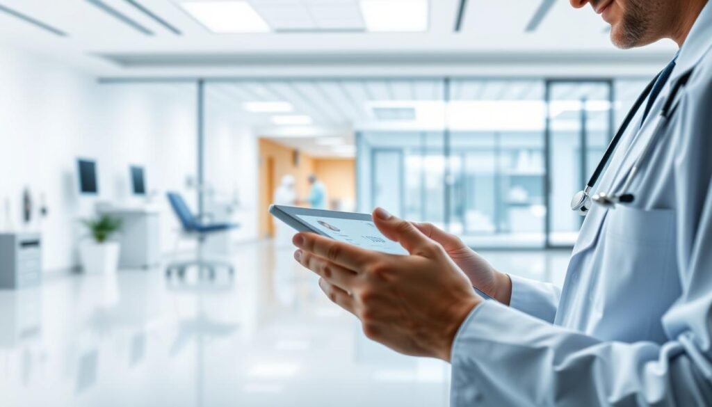 A digital healthcare experience with a modern, streamlined interface. In the foreground, a doctor's tablet displays patient data and appointment details against a clean, minimalist backdrop. The middle ground features a professional, well-equipped examination room with state-of-the-art medical equipment. The background showcases a sleek, contemporary hospital exterior with abundant natural light, reflecting a sense of transparency and patient-centric care. The overall mood conveys efficiency, security, and a seamless integration of technology into the healthcare experience.